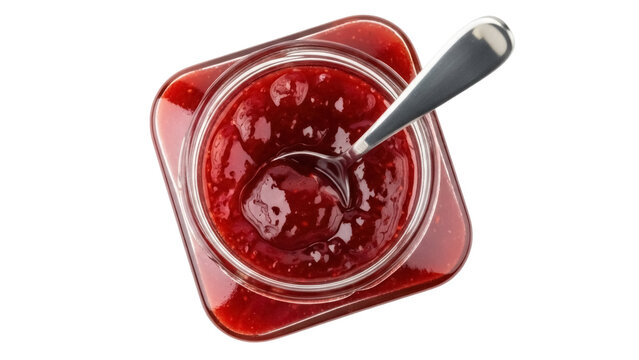 Strawberry jam in a glass jar with spoon isolated PNG, homemade fruit preserve on transparent background for breakfast and dessert