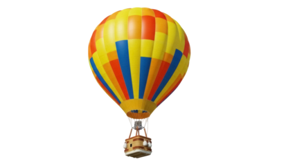 Colorful hot air balloon PNG isolated on transparent background, yellow orange and blue striped aerostat for travel and adventure