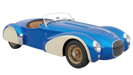 Classic blue roadster car isolated PNG, vintage automobile with tan interior on transparent background for design and advertising use