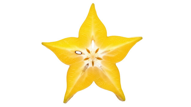 Vibrant yellow star fruit slice isolated PNG, tropical fruit with unique star shape on transparent background for healthy eating concepts