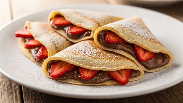 Sweet crepes filled with chocolate spread and fresh strawberries
