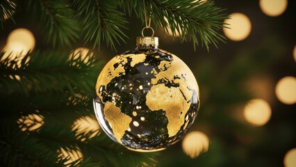 Christmas ornament shaped like earth hangs on a pine tree.