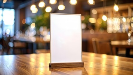 Blank menu stand on a wooden table in a restaurant.