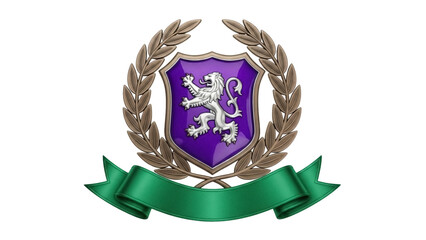 Heraldic lion on purple shield with laurel wreath and green ribbon isolated PNG, coat of arms...