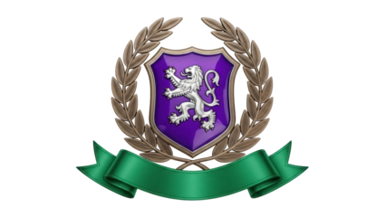 Heraldic lion on purple shield with laurel wreath and green ribbon isolated PNG, coat of arms emblem for medieval fantasy design