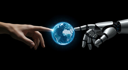 Human and robot hand touching digital earth together