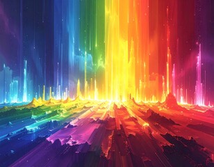 Vivid rainbow-hued abstract landscape with streaming light