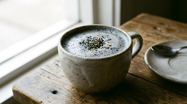 Black sesame latte in ceramic cup with seed topping and rustic setup by the window