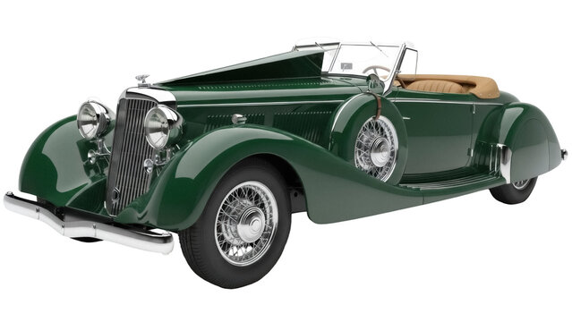 Classic green convertible car PNG isolated on transparent background, vintage automobile with chrome details for design and restoration projects