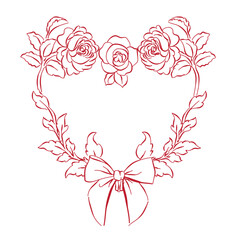 Heart shape frame with flowers floral and bow,  Whimsical drawing romantic frames, Valentine vintage frames for invitations, greeting cards, scrapbooking, sticker, decorative etc.