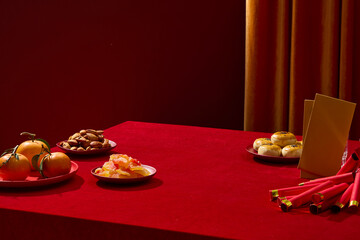 Festive scene with traditional Chinese New Year foods and lucky elements placed on red surface.Red and gold tone background, clear space for branding or holiday design text