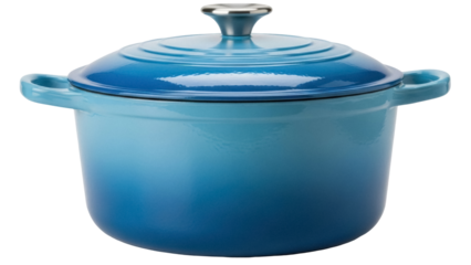 Blue enameled cast iron dutch oven with lid isolated PNG, cooking pot for soups and stews on transparent background