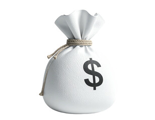 White money bag with dollar symbol, tied with rope, on black background
