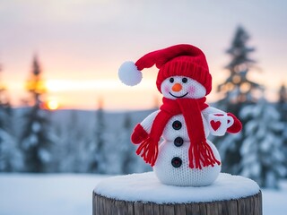 A cute knitted snowman wearing a red hat and scarf holds a heart mug in a snowy winter forest