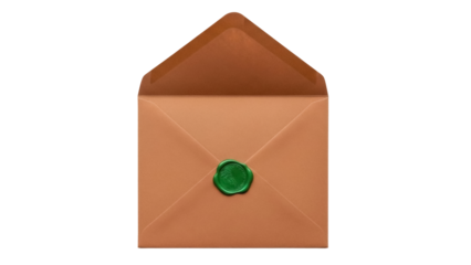 Open brown envelope with green wax seal isolated PNG, vintage stationery for invitations and special occasion correspondence