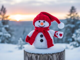 A cute knitted snowman wearing a red hat and scarf holds a heart mug in a snowy winter forest