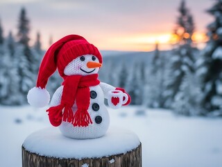 A cute knitted snowman wearing a red hat and scarf holds a heart mug in a snowy winter forest