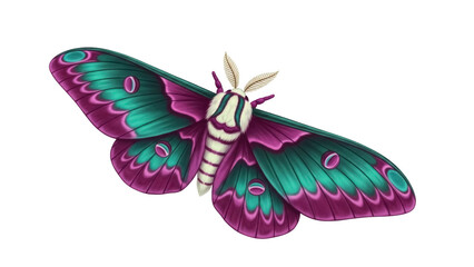 Colorful rosy maple moth PNG isolated on transparent background, vibrant wings with teal and magenta pattern, detailed insect for design © James