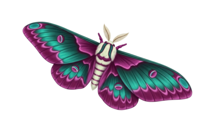 Colorful rosy maple moth PNG isolated on transparent background, vibrant wings with teal and magenta pattern, detailed insect for design