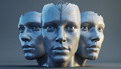 Three Metallic Human Heads Representing Artificial Intelligence and Technology.