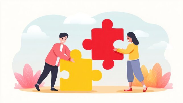 Illustration of two people assembling puzzle pieces against a light-color background with clouds and foliage