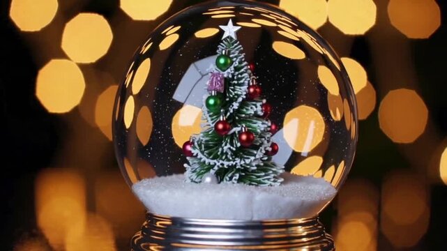 Snow falling over christmas tree in a snow globe against spots of light
