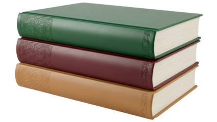 Stack of three old hardcover books isolated PNG, vintage literature with decorative spines for reading, education, and historical reference