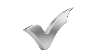 Silver check mark PNG isolated on transparent background, metallic tick symbol for approval and verification design element