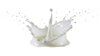 Milk splash PNG isolated on transparent background, dairy liquid crown with droplets for food and beverage design