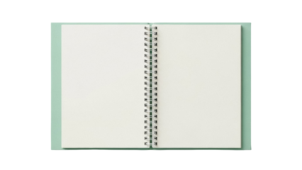 Open spiral notebook isolated PNG on transparent background, blank pages for writing or drawing, light green cover, school or office supply