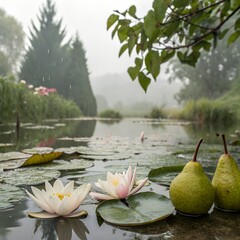 Water lilies and pears with rain ripples, peaceful mood, beautiful background