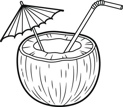 Hand drawn sketch of a refreshing coconut drink with straw and umbrella