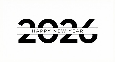 Black and white minimalist typography design, the number 2026 is split horizontally by the text HAPPY NEW YEAR in the middle. happy new year 2026 design 