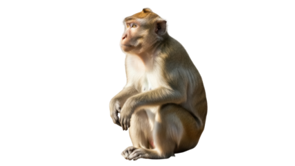 Rhesus macaque monkey sitting isolated PNG on transparent background, primate animal with brown fur for wildlife and zoology projects