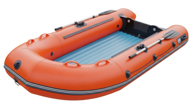 Orange inflatable boat PNG isolated on transparent background, dinghy raft for fishing and recreation, water transport vessel for summer vacation