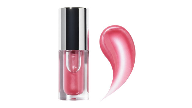 Pink lip gloss bottle and swatch isolated PNG, shimmering makeup product for beauty and cosmetic use on transparent background