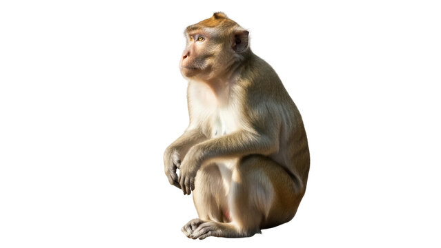 Rhesus macaque monkey sitting isolated PNG on transparent background, primate animal with brown fur for wildlife and zoology projects