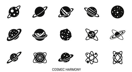 Black and white cosmic planet icons.