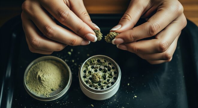 Close up of hands preparing raw cannabis buds above a metallic herb grinder and kief catcher
