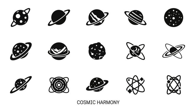 Black and white cosmic planet icons.