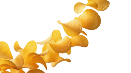 Delicious crispy potato chips PNG isolated on transparent background, savory snack food for party and picnic, golden yellow crisps