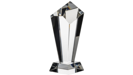 Clear crystal trophy isolated PNG, modern award with geometric design on transparent background, recognition and achievement symbol