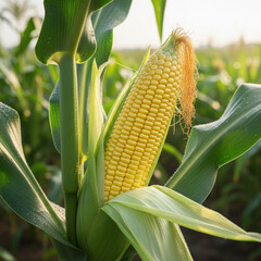 Yellow Corn Cob Growing Field
