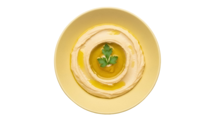 Delicious hummus in a yellow bowl isolated on transparent background, creamy Middle Eastern dip with olive oil and parsley PNG