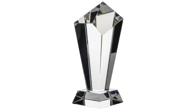 Clear crystal trophy isolated PNG, modern award with geometric design on transparent background, recognition and achievement symbol