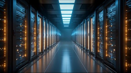 Futuristic data center corridor with glowing server racks representing cloud computing and cybersecurity - Powered by Adobe