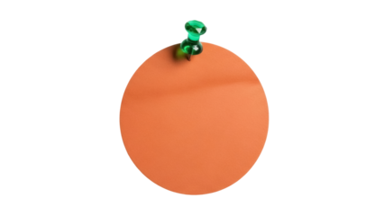 Orange round sticker with green push pin isolated PNG, blank circle tag for notes and reminders on transparent background