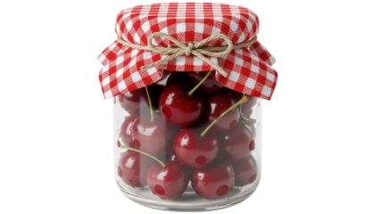 Glass jar with fresh cherries isolated on transparent background PNG, homemade fruit preserve for dessert and healthy eating