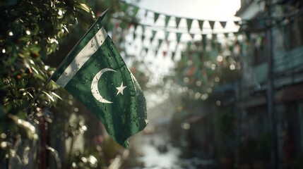 National Flag of Pakistan Waving Against Partly Cloudy Sky