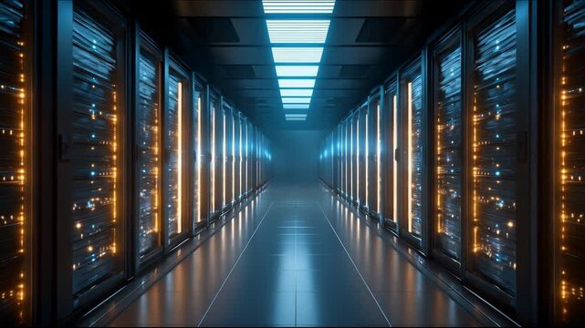 Futuristic data center corridor with glowing server racks representing cloud computing and cybersecurity